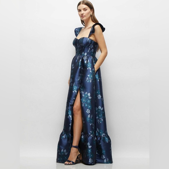 BAROQUE ROSE DAMASK FLORAL CORSET MAXI DRESS WITH RUFFLE STRAPS & SKIRT - Picture 4 of 17